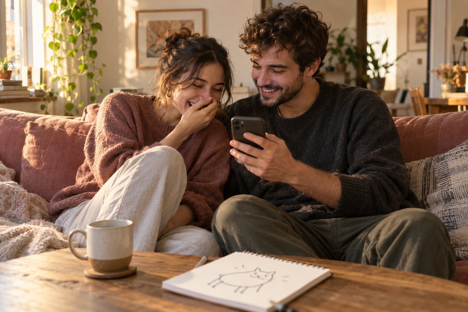 Two partners laughing together over a phone on a rose-coloured sofa, with a cat doodle and a mug on the table